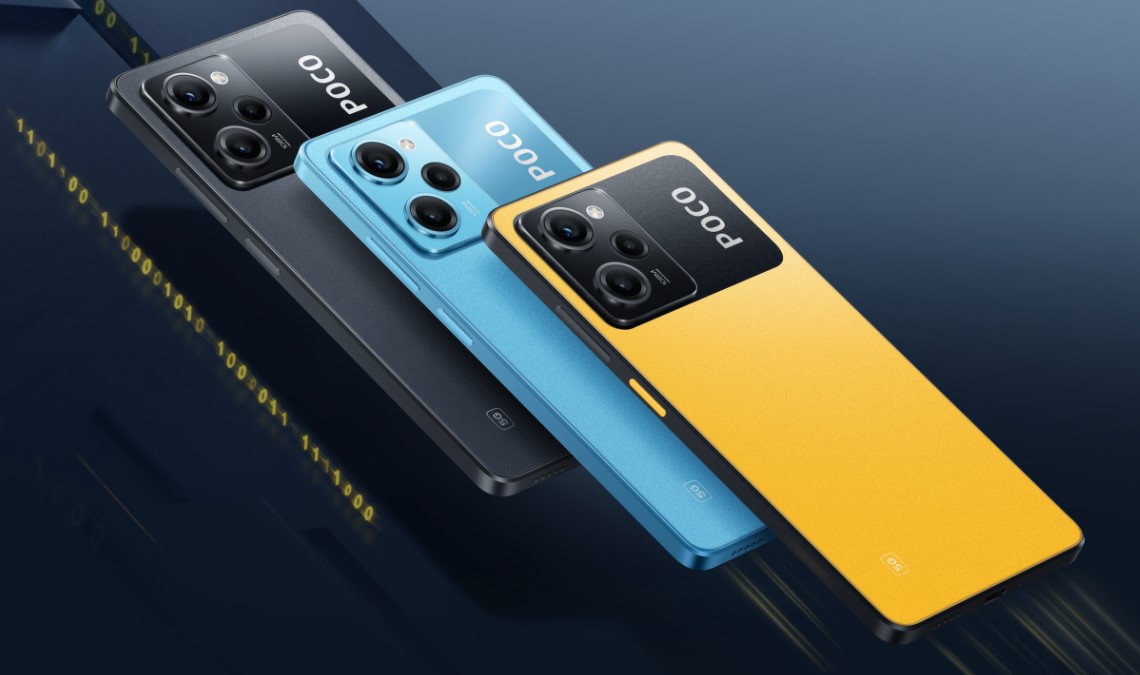 Poco X5 Pro en jaune, bleu et noir