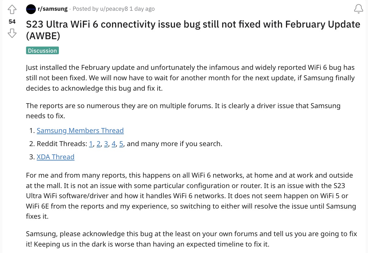 Explication du bug de connectivité Wi-Fi du Galaxy S23 Ultra sur Reddit
